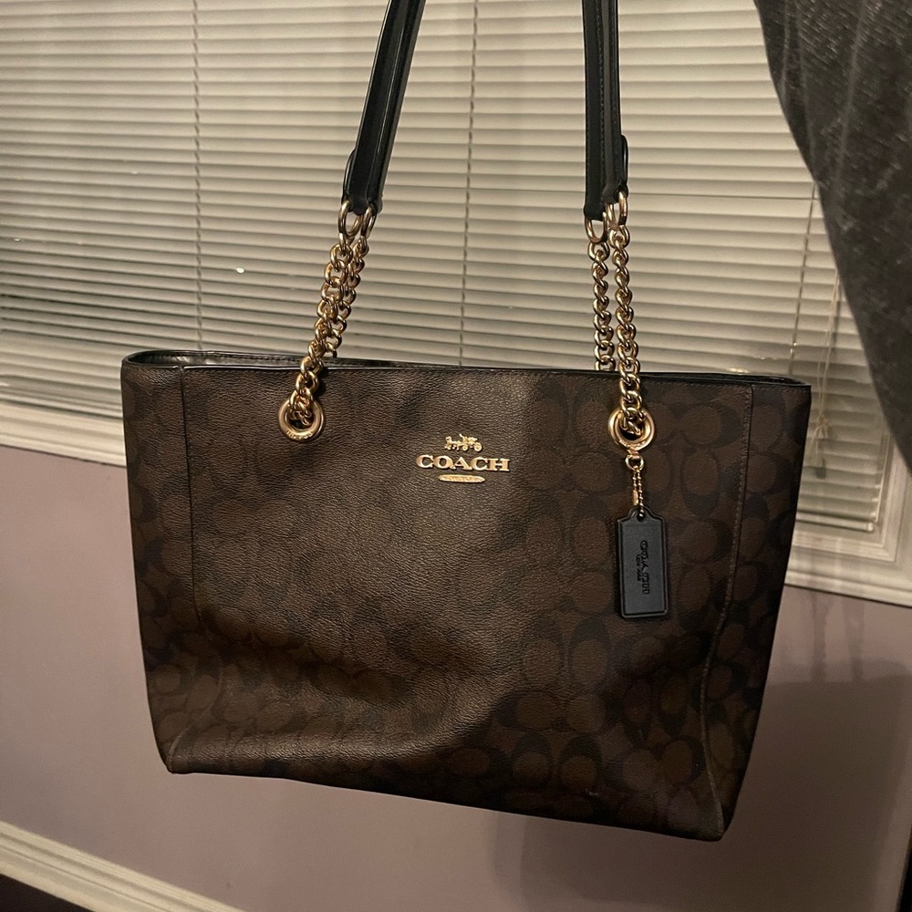 Coach Dark Brown Tote with Gold Accents